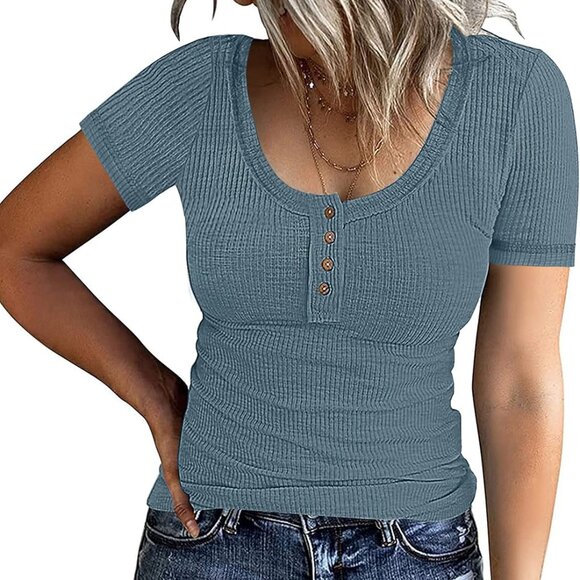 NWT - PIIRESO Women's Short Sleeve Ribbed Henley Top, Grey Blue - Size Small - Picture 1 of 13